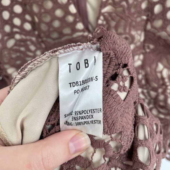 Tobi Mauve Crochet Tan Lined Lace Long Sleeve Deep V Dress Women’s Size S - Picture 6 of 6